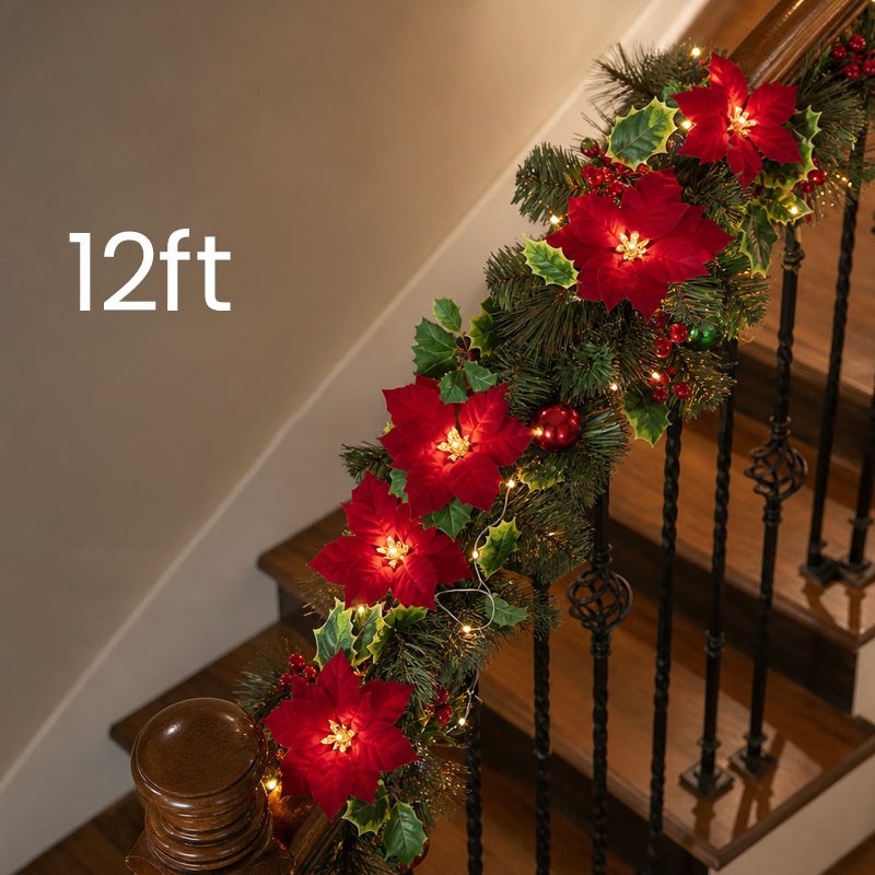 Battery-Powered Poinsettia LED Christmas Garland