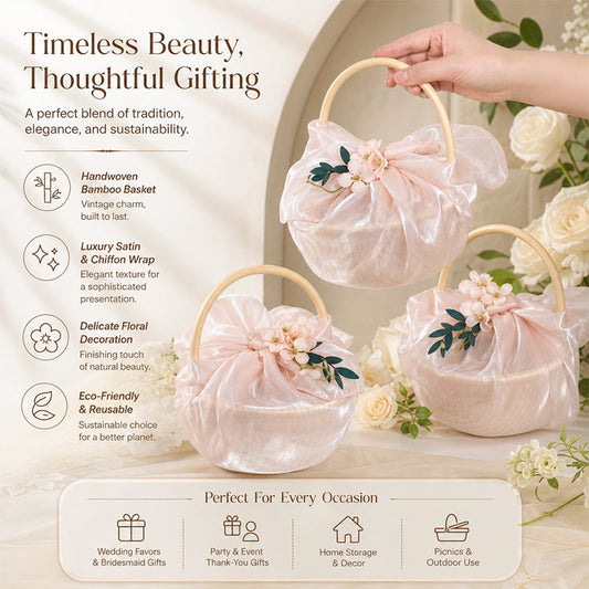 Korean Style Tulle Gift Basket with Curved Wood Handle