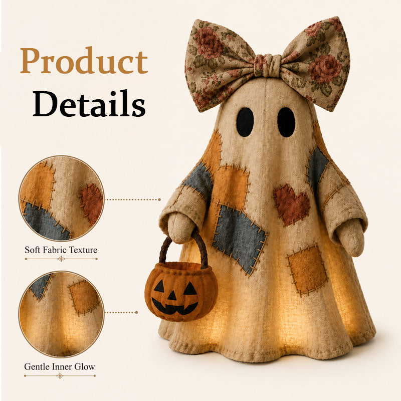 Whimsical Patchwork Ghost Halloween Decor with Floral Bow