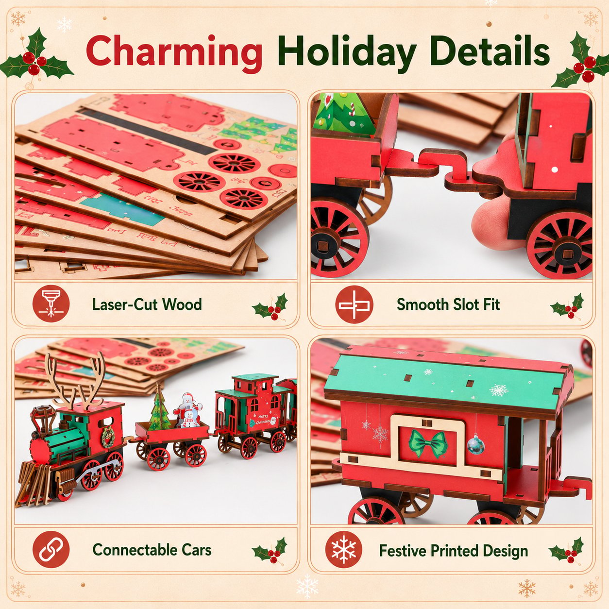 DIY Christmas Wooden Train Set – Glue-Free 3D Puzzle Kit
