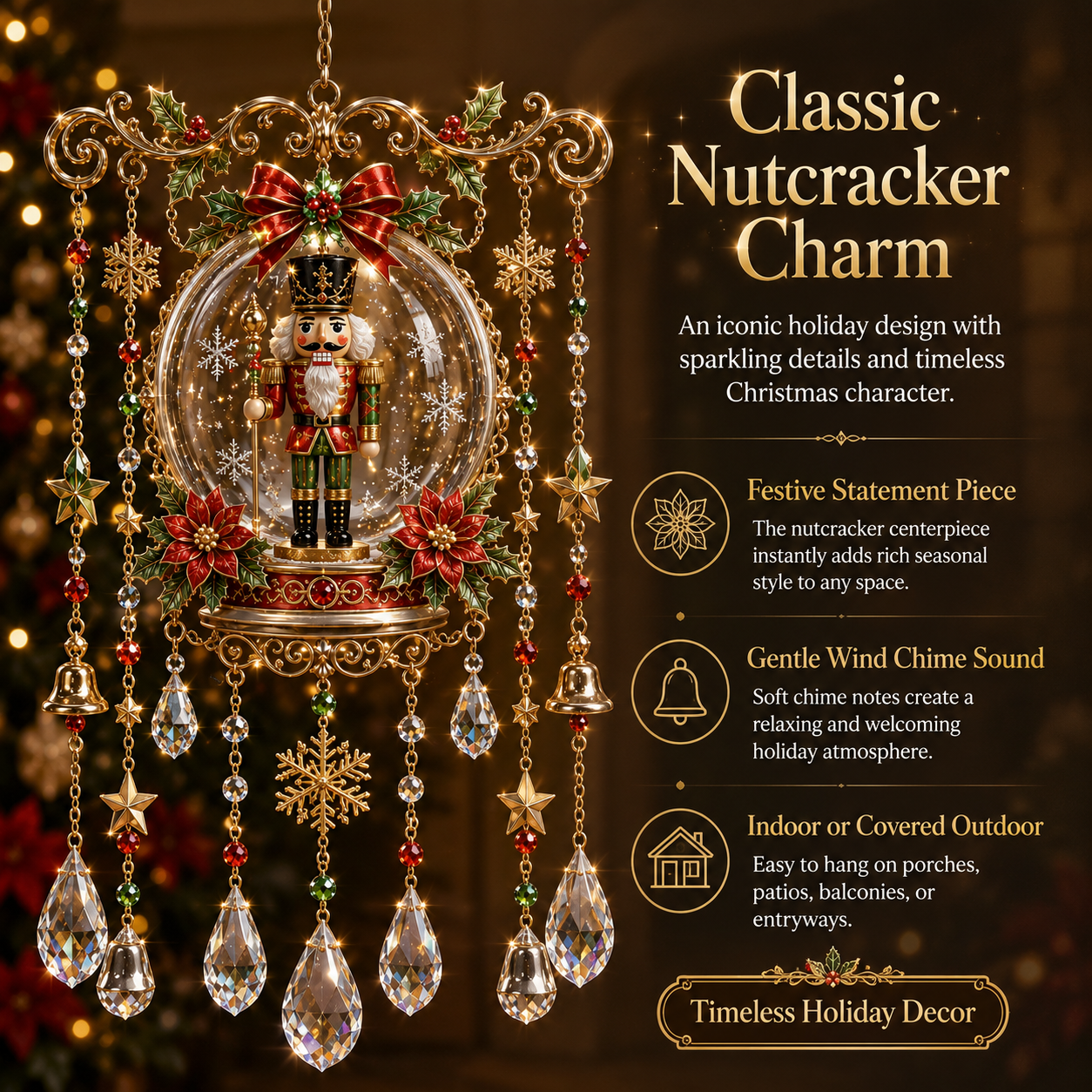 Christmas Crystal Wind Chime with Festive Charms, Gift Decor