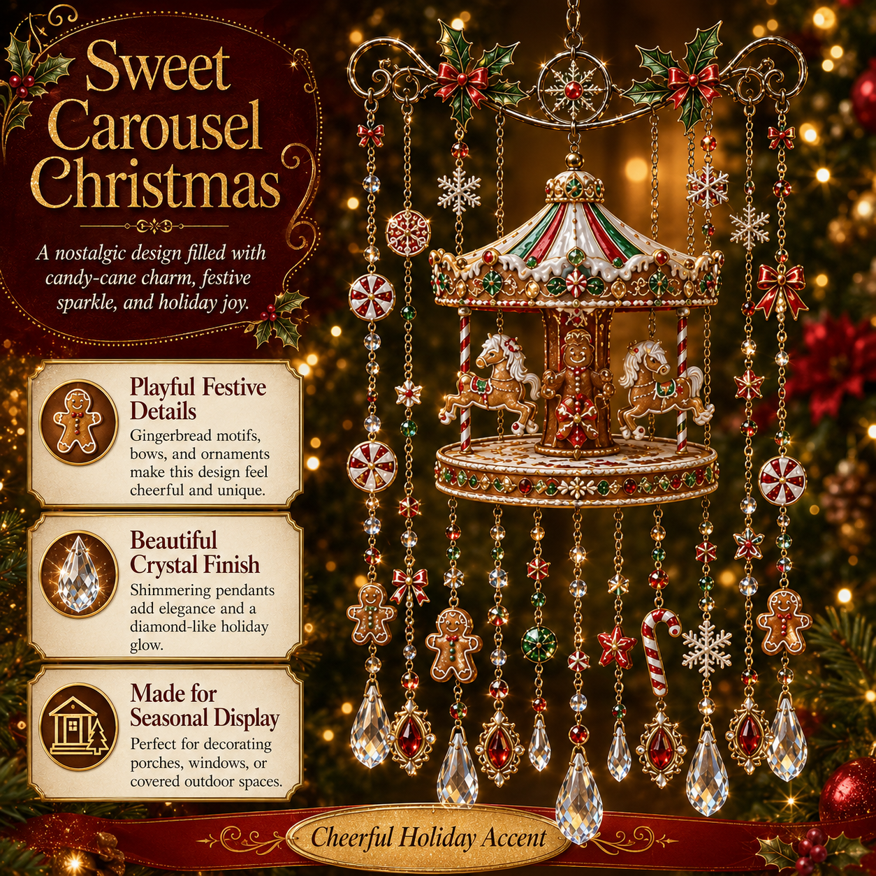 Christmas Crystal Wind Chime with Festive Charms, Gift Decor