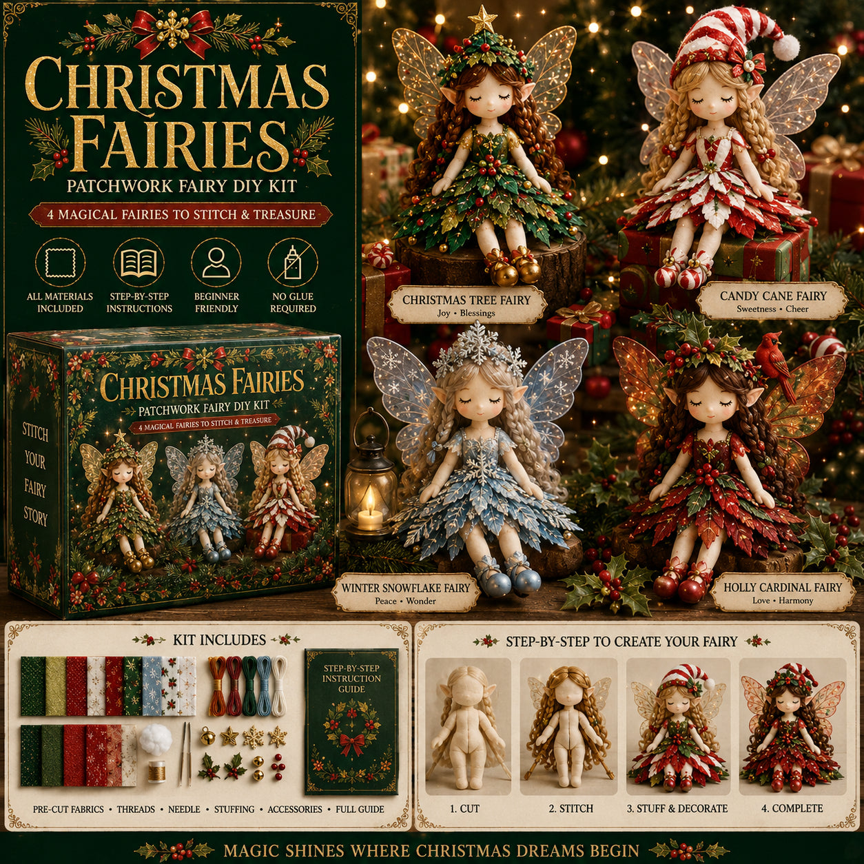 Christmas Magic Patchwork Fairy DIY Kit - Make 4 Fabric Dolls