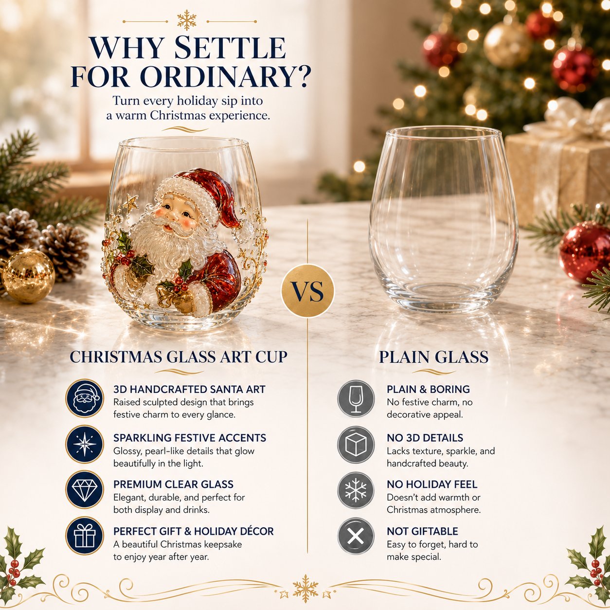 3D Christmas Glass Art Cup with Raised Holiday Designs