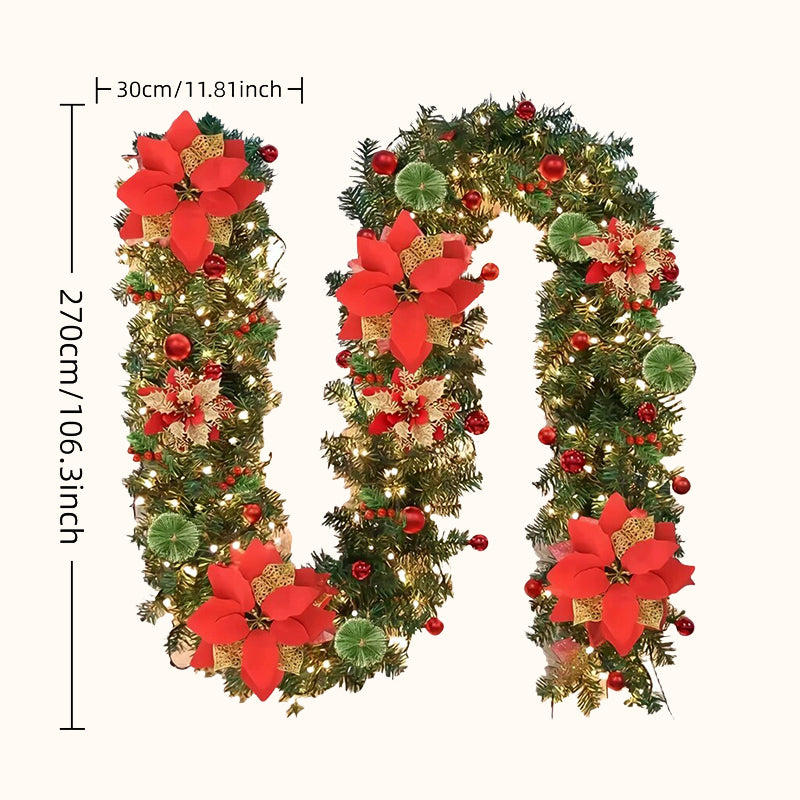Artificial Christmas Pine Garland with Poinsettias for Doors & Mantels