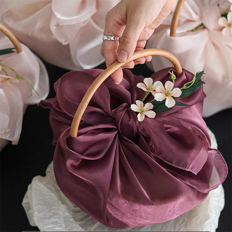 Korean Style Tulle Gift Basket with Curved Wood Handle