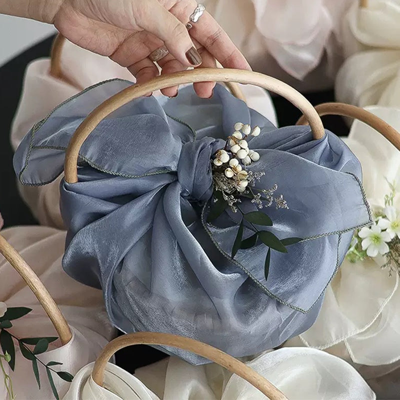 Korean Style Tulle Gift Basket with Curved Wood Handle
