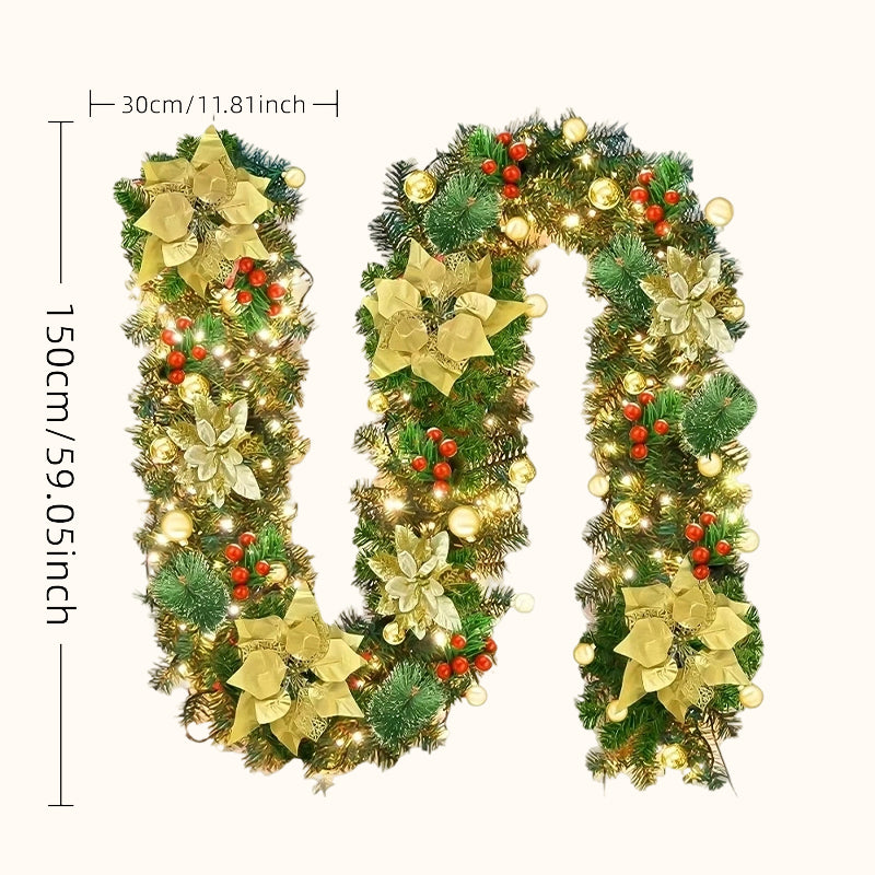 Artificial Christmas Pine Garland with Poinsettias for Doors & Mantels