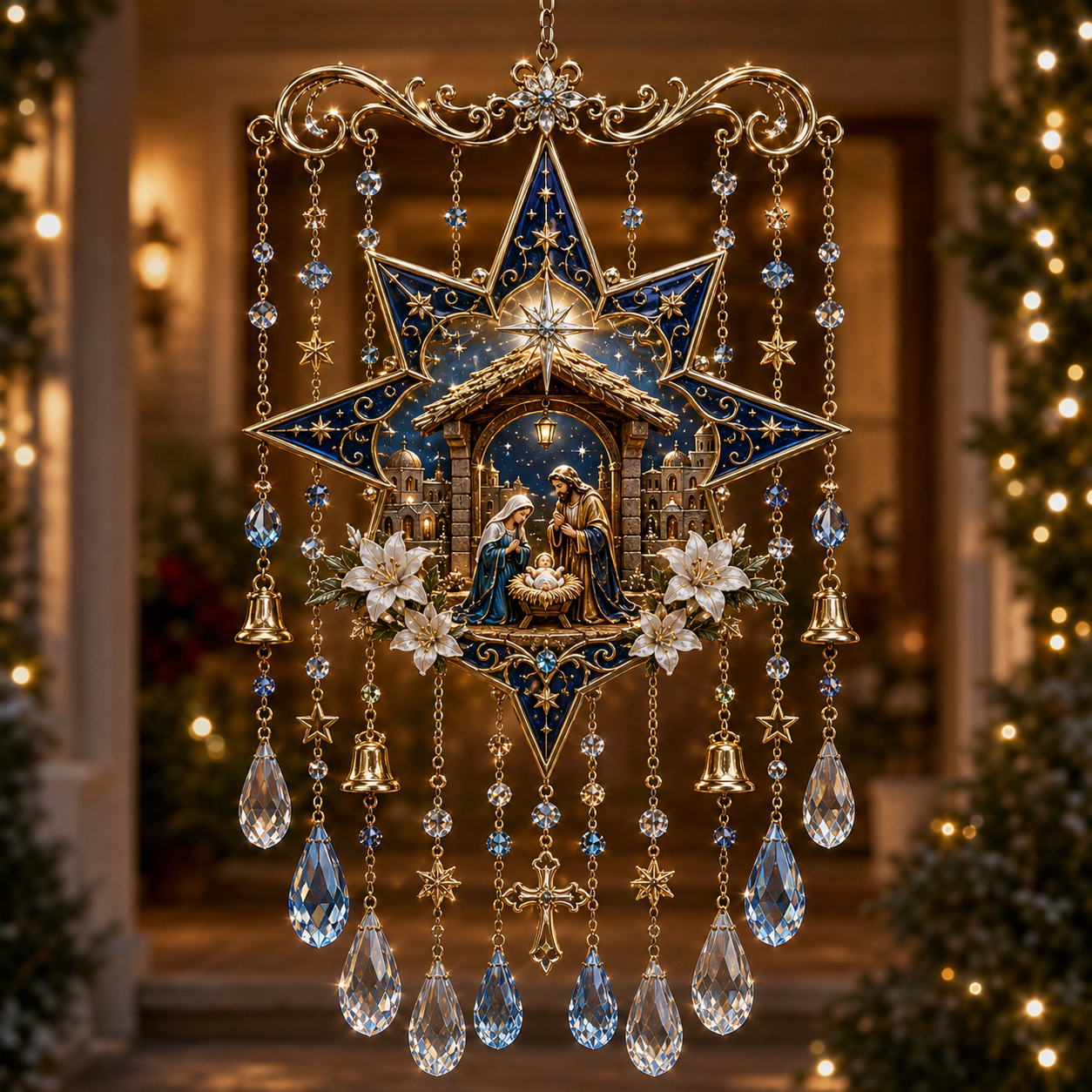 Christmas Crystal Wind Chime with Festive Charms, Gift Decor