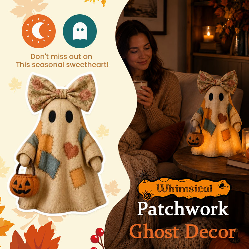 Whimsical Patchwork Ghost Halloween Decor with Floral Bow