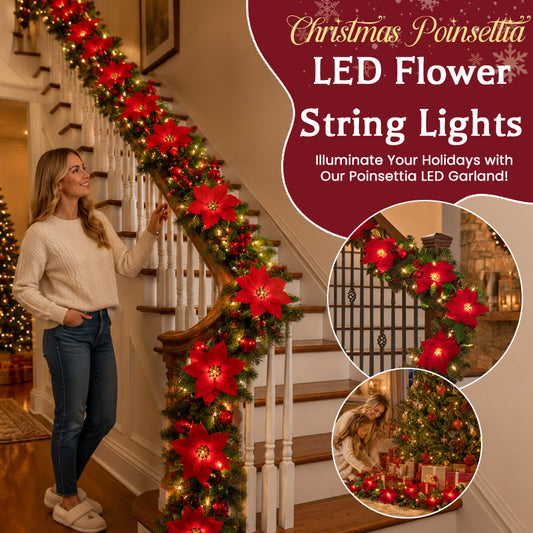 Battery-Powered Poinsettia LED Christmas Garland