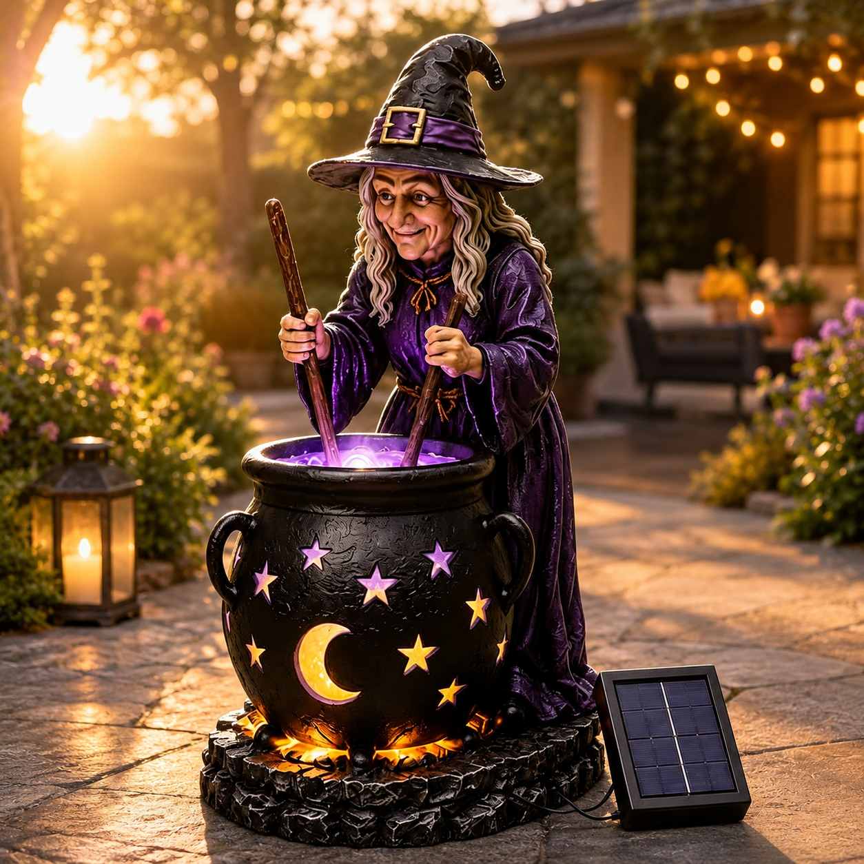 Halloween Witch Glowing Cauldron Solar Garden Light