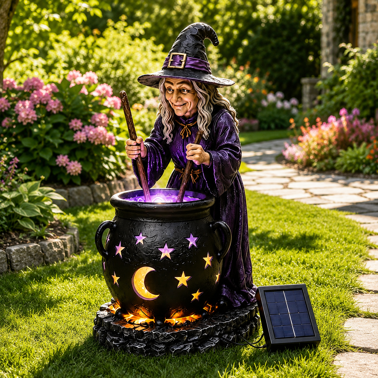 Halloween Witch Glowing Cauldron Solar Garden Light