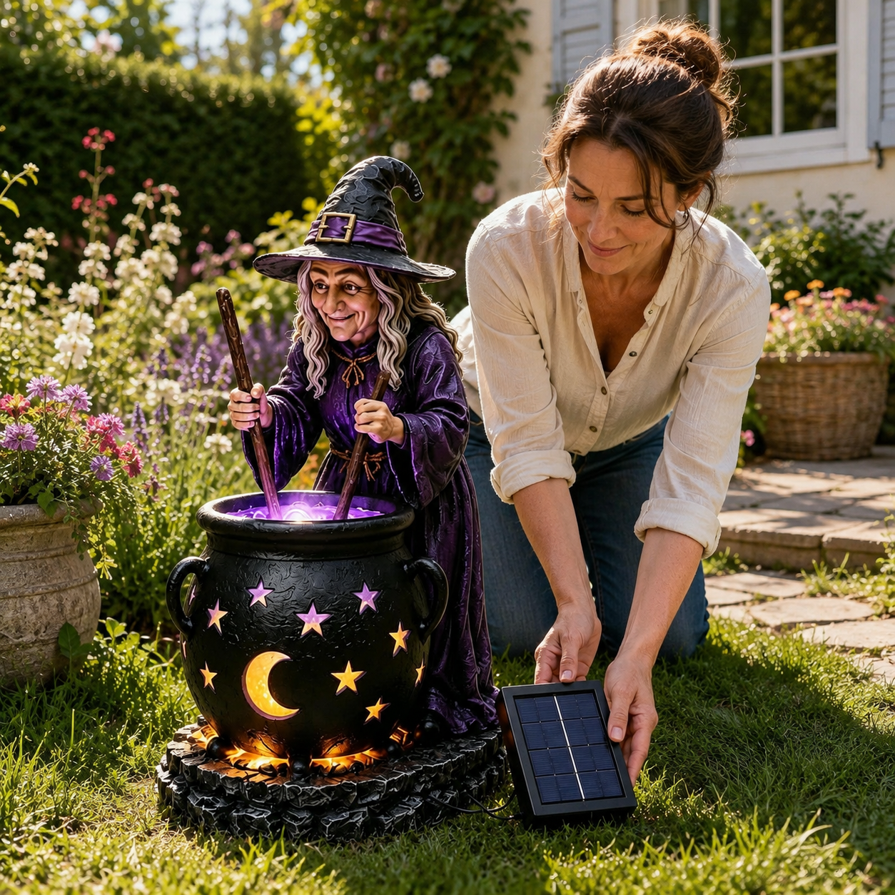 Halloween Witch Glowing Cauldron Solar Garden Light