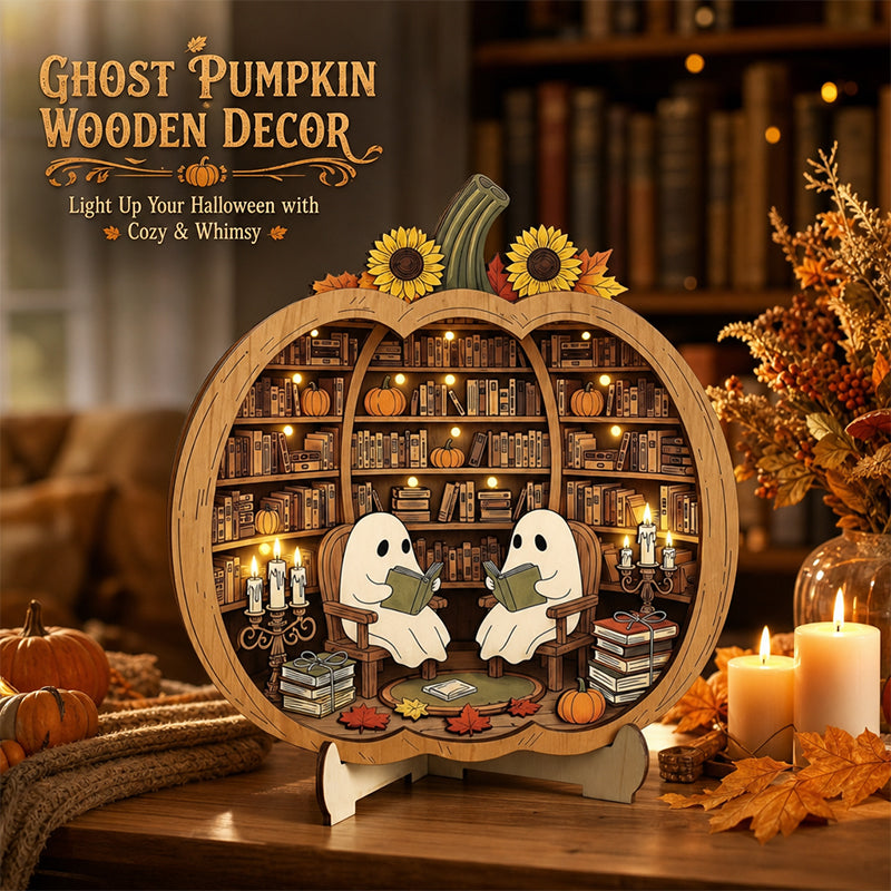 Teak Wood Halloween Ghost Pumpkin Tabletop Decor