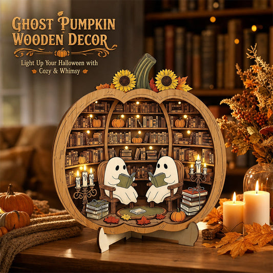 Teak Wood Halloween Ghost Pumpkin Tabletop Decor