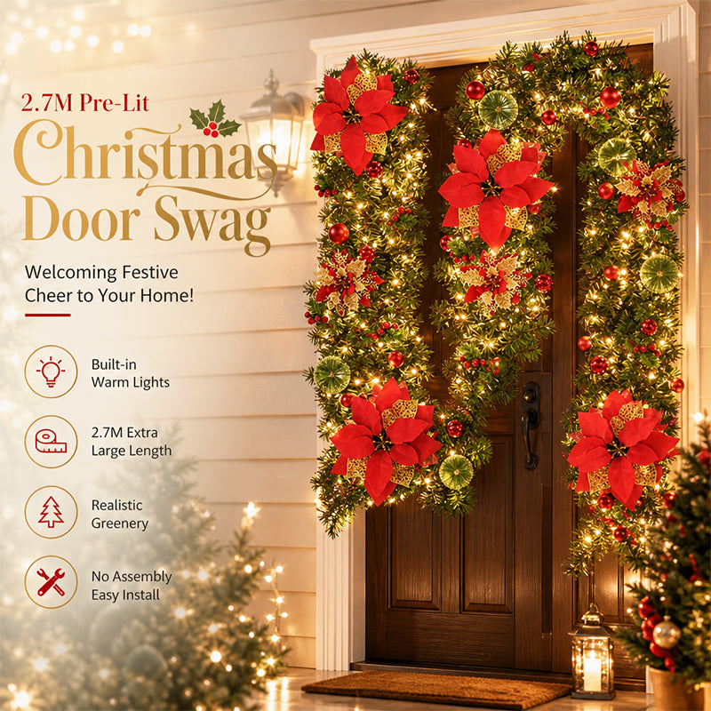 Artificial Christmas Pine Garland with Poinsettias for Doors & Mantels