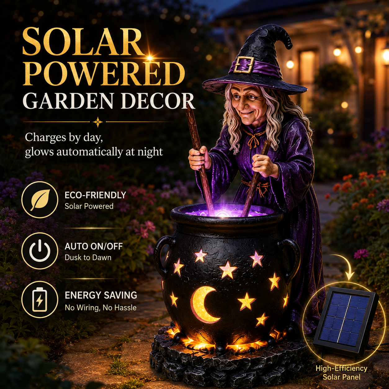 Halloween Witch Glowing Cauldron Solar Garden Light