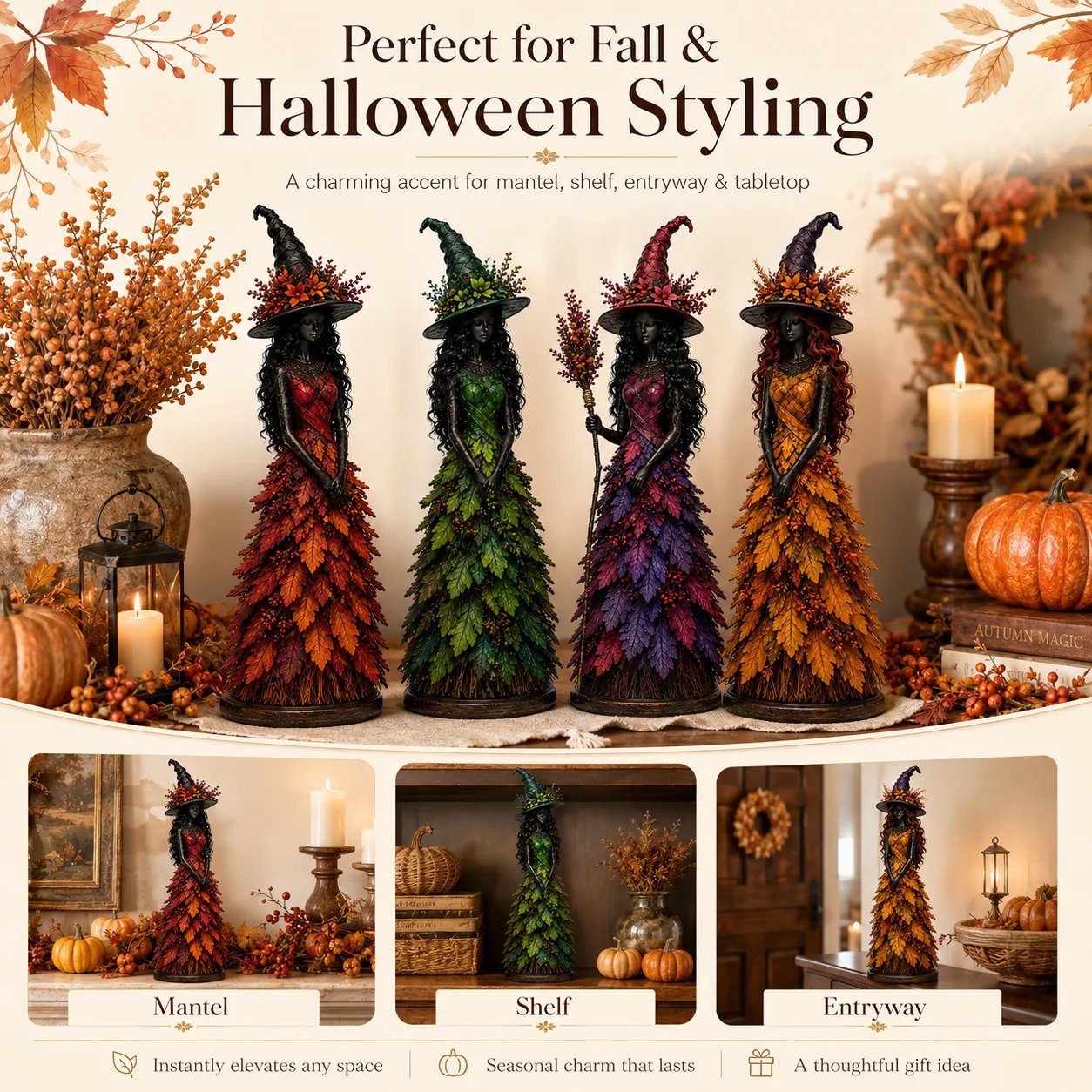 Enchanted Autumn Witch Figurine | Handmade Seasonal Fall Decor