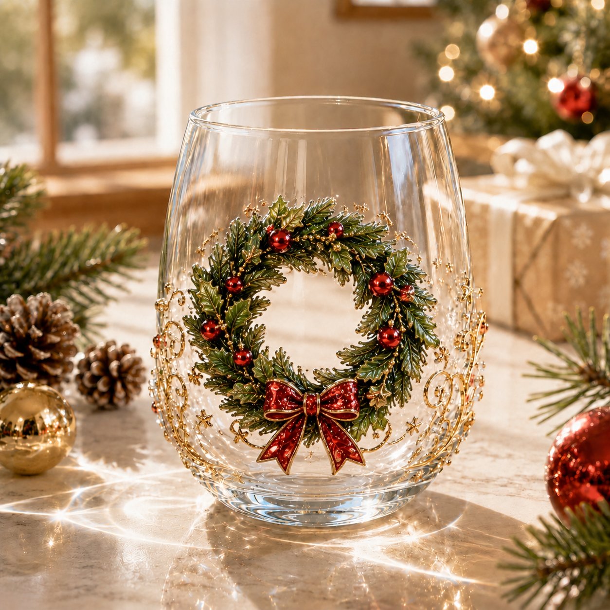 3D Christmas Glass Art Cup with Raised Holiday Designs