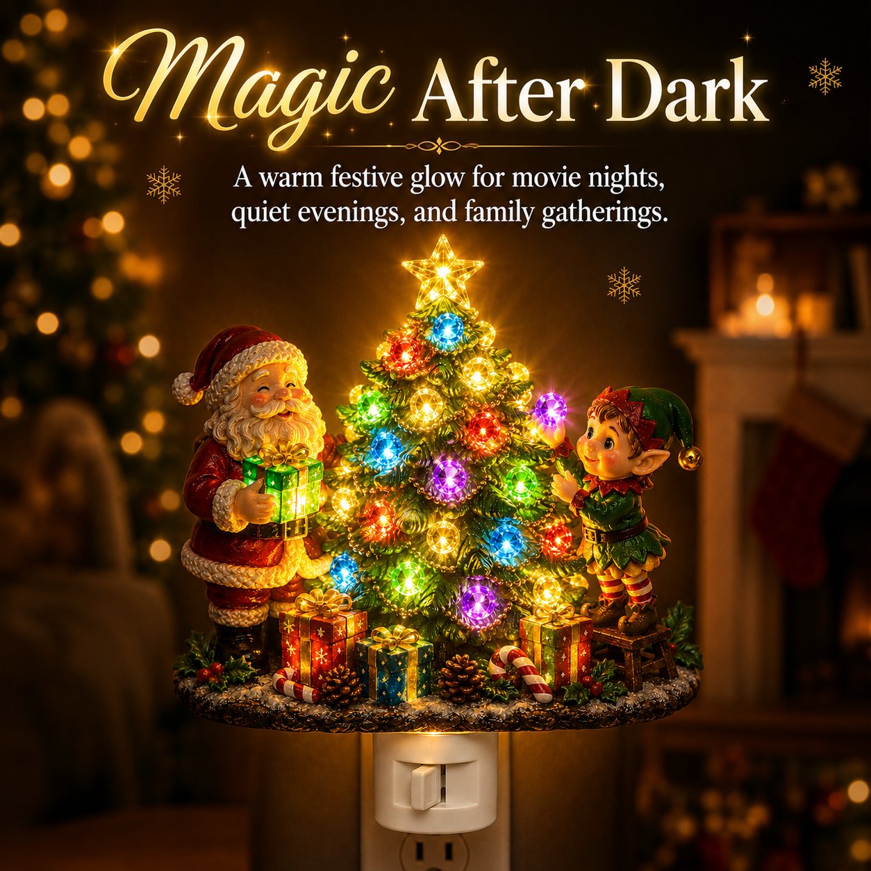 Jeweled Christmas Tree Plug-In Night Light with Santa & Elf