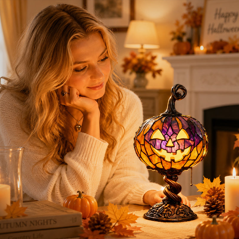 Tall Pumpkin Lamp with Elevated Base – Halloween & Fall Decor Gift