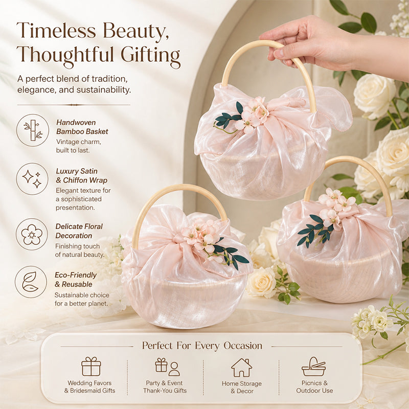 Korean Style Tulle Gift Basket with Curved Wood Handle