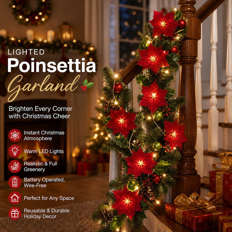 Battery-Powered Poinsettia LED Christmas Garland