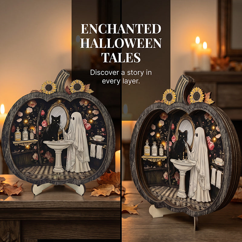 Teak Wood Halloween Ghost Pumpkin Tabletop Decor