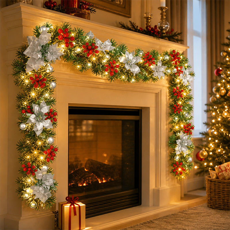 Artificial Christmas Pine Garland with Poinsettias for Doors & Mantels