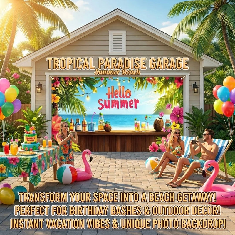 Hawaiian Beach Garage Door Birthday Party Backdrop