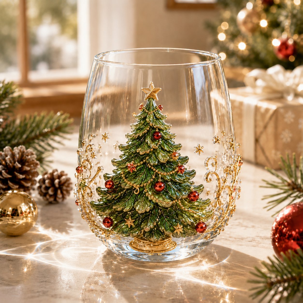 3D Christmas Glass Art Cup with Raised Holiday Designs