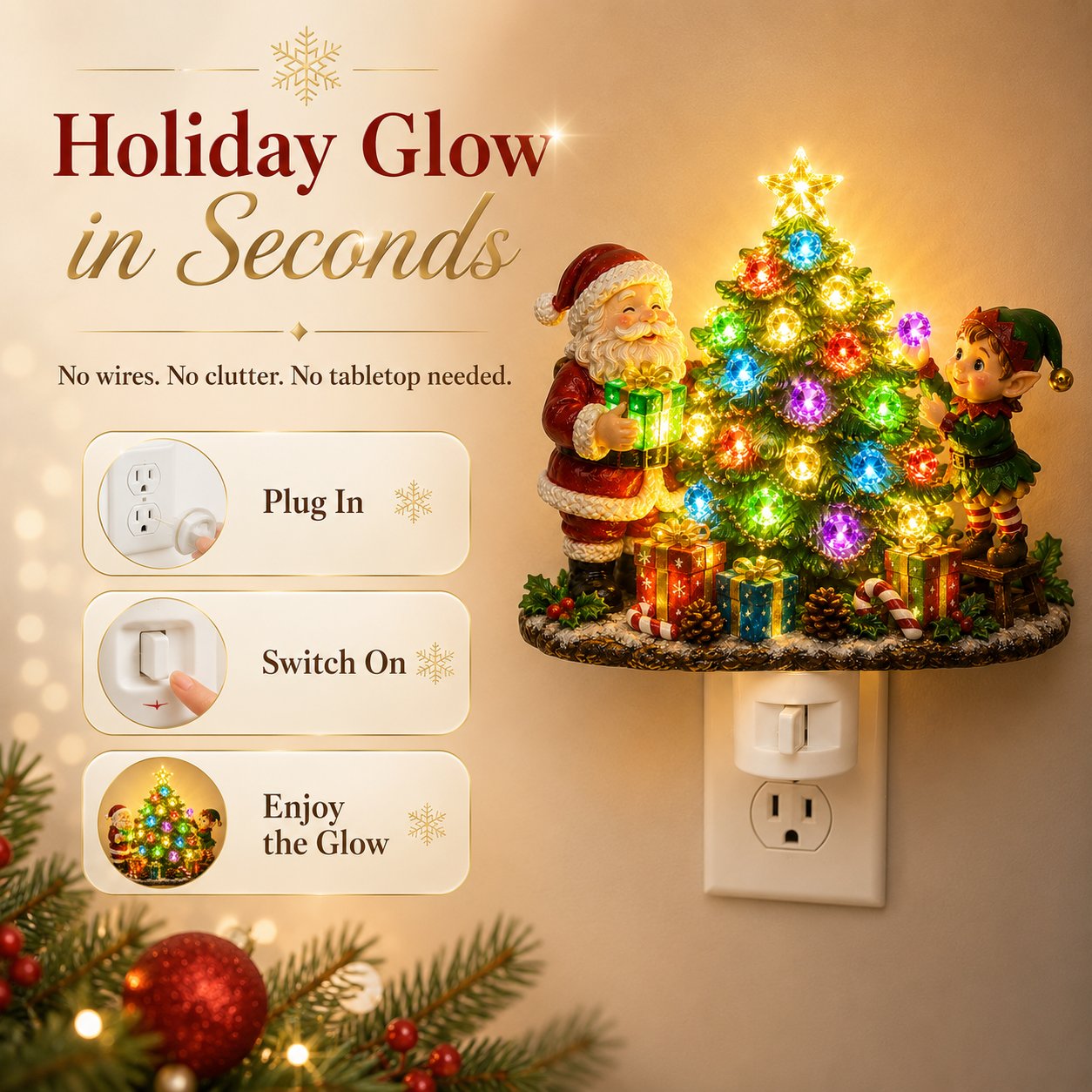 Jeweled Christmas Tree Plug-In Night Light with Santa & Elf
