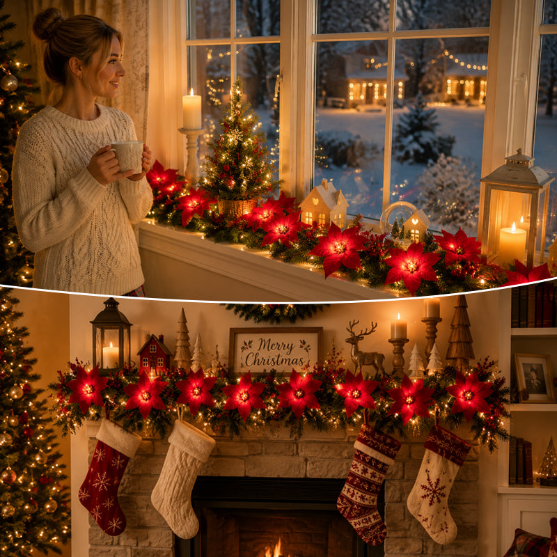 Battery-Powered Poinsettia LED Christmas Garland