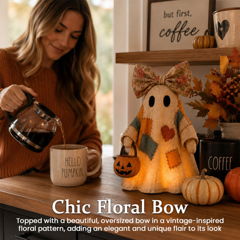 Whimsical Patchwork Ghost Halloween Decor with Floral Bow