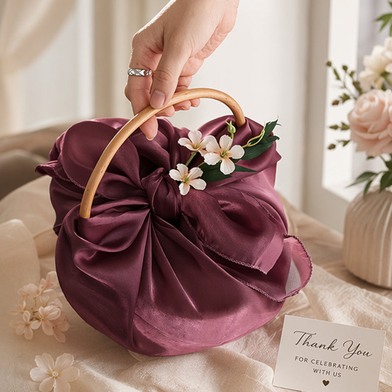 Korean Style Tulle Gift Basket with Curved Wood Handle