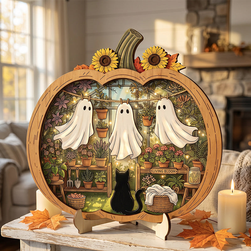 Teak Wood Halloween Ghost Pumpkin Tabletop Decor