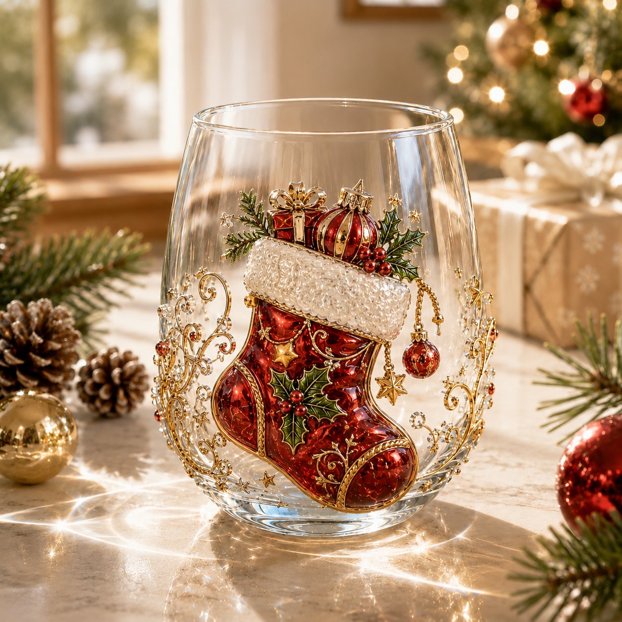 3D Christmas Glass Art Cup with Raised Holiday Designs