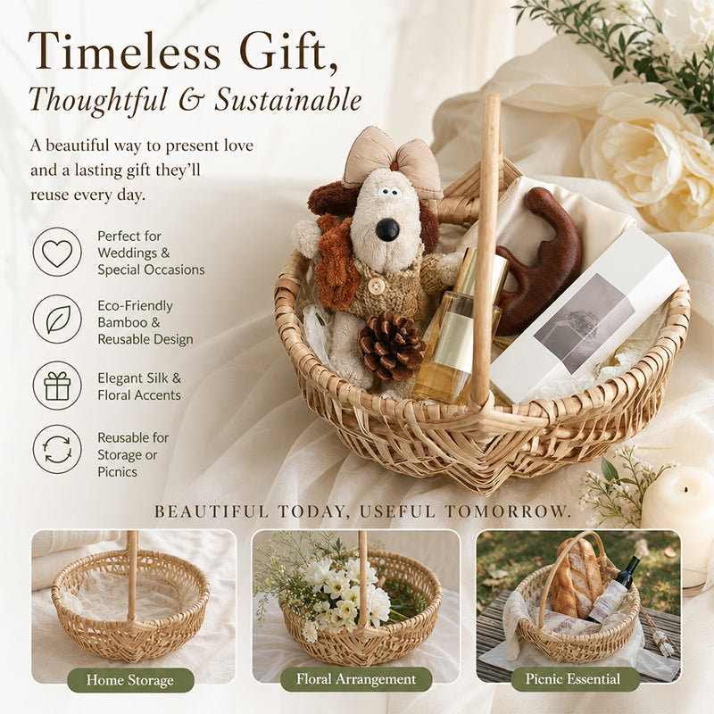 Korean Style Tulle Gift Basket with Curved Wood Handle