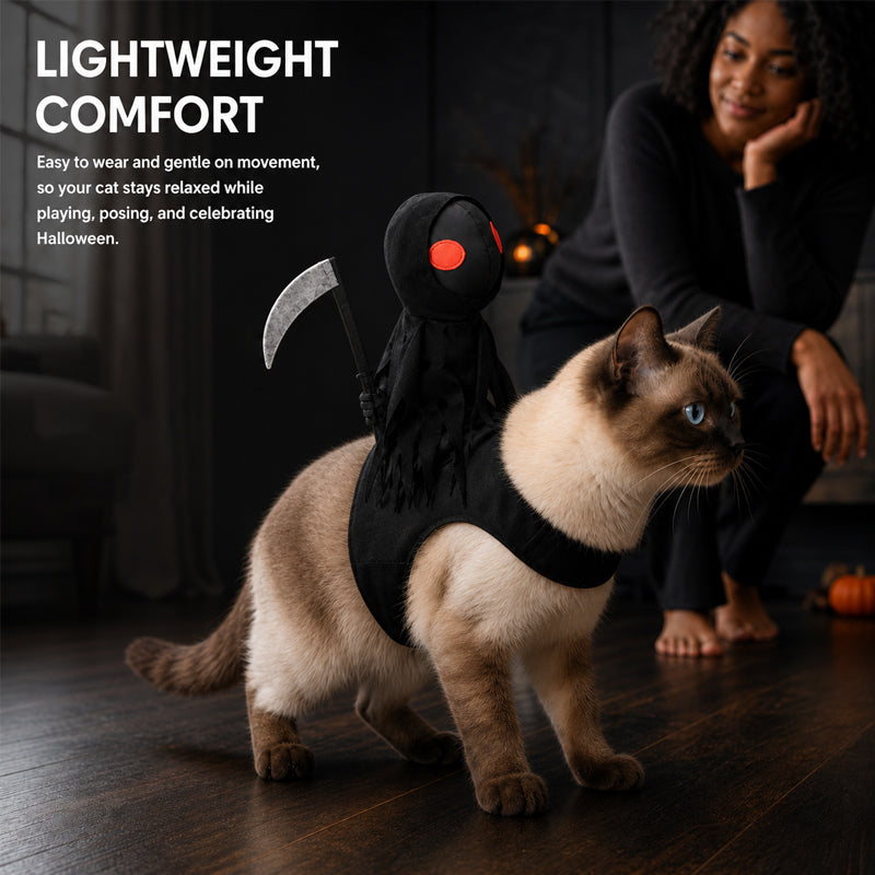 Halloween Cat Grim Reaper Cloak Costume with Mini Scythe