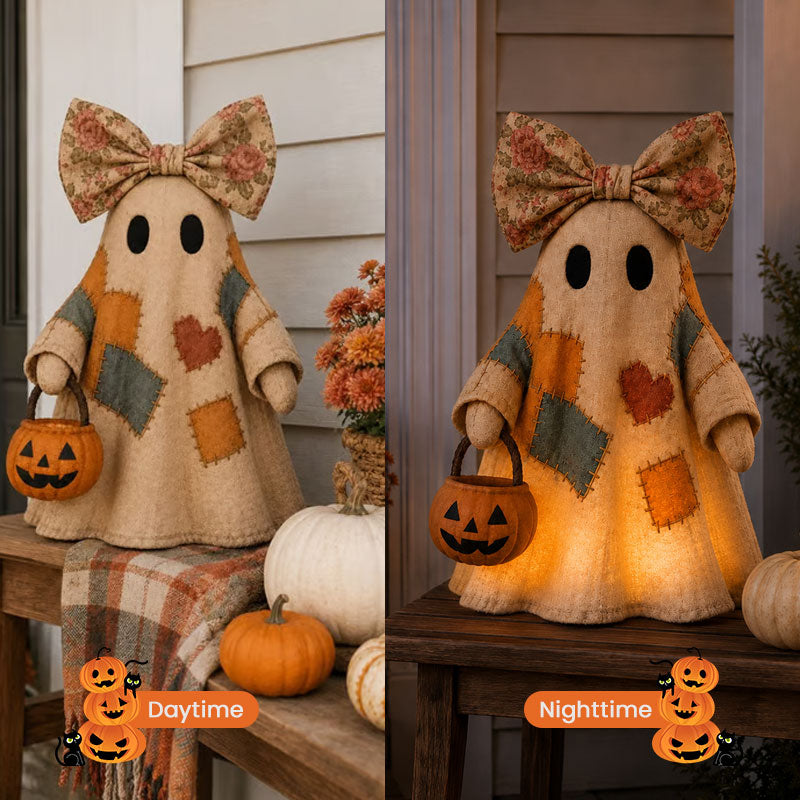 Whimsical Patchwork Ghost Halloween Decor with Floral Bow