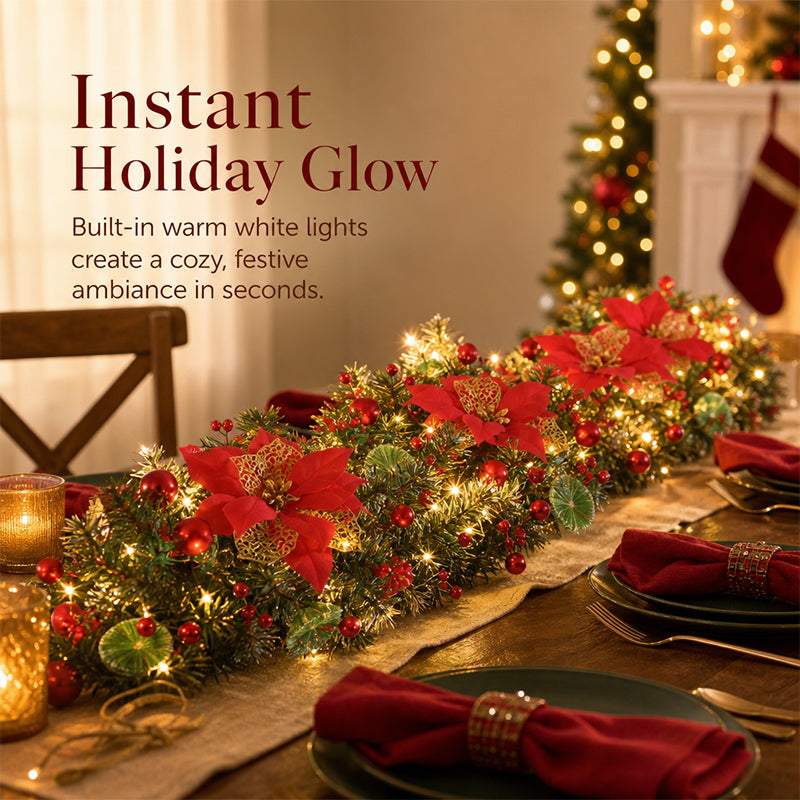 Artificial Christmas Pine Garland with Poinsettias for Doors & Mantels