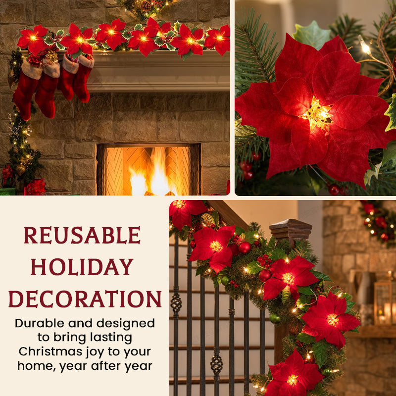 Battery-Powered Poinsettia LED Christmas Garland