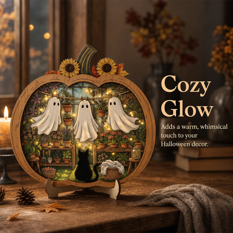Teak Wood Halloween Ghost Pumpkin Tabletop Decor