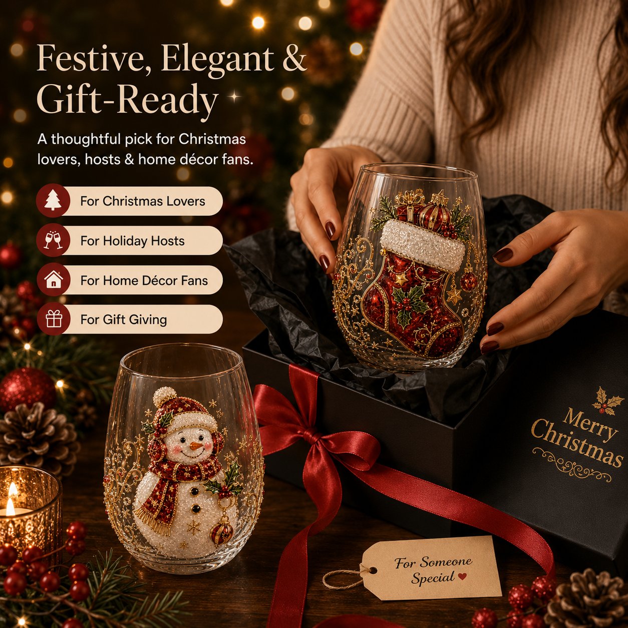 3D Christmas Glass Art Cup with Raised Holiday Designs
