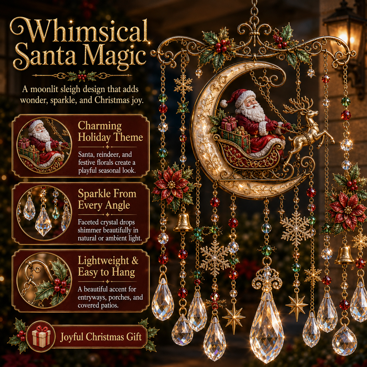 Christmas Crystal Wind Chime with Festive Charms, Gift Decor