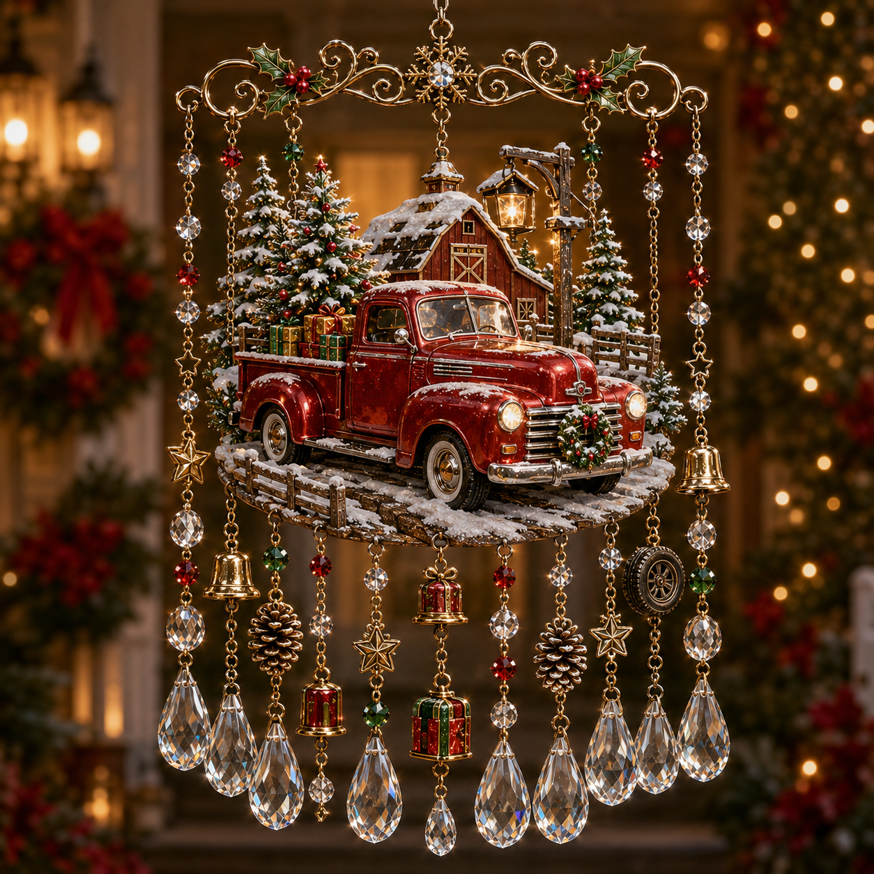 Christmas Crystal Wind Chime with Festive Charms, Gift Decor