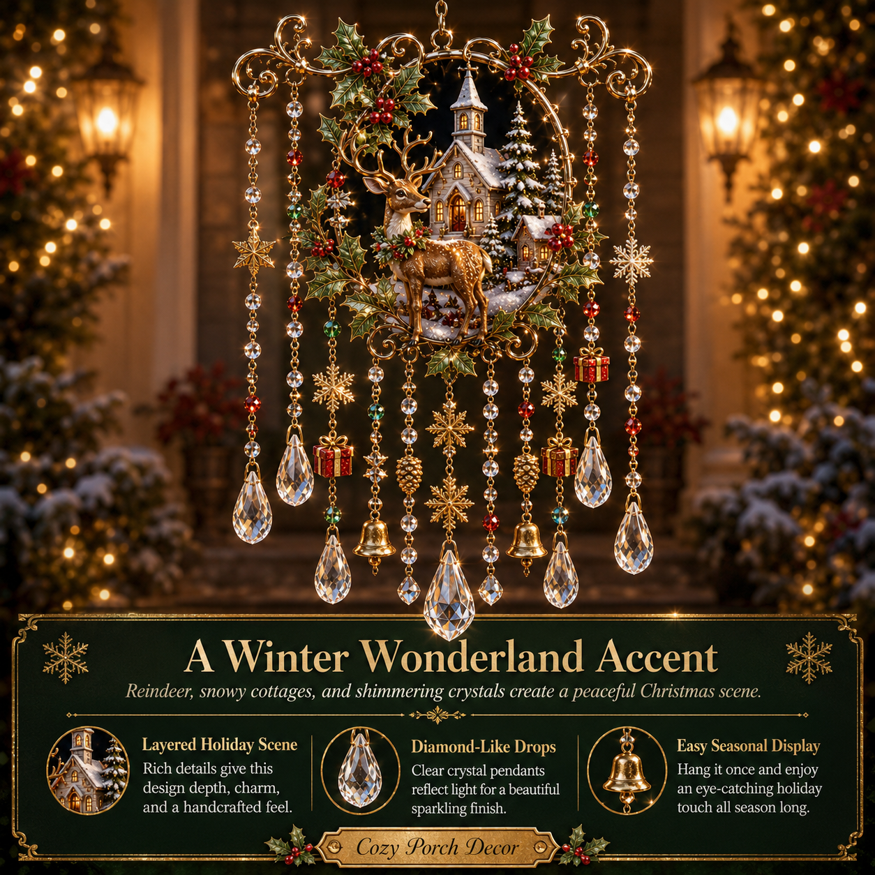 Christmas Crystal Wind Chime with Festive Charms, Gift Decor