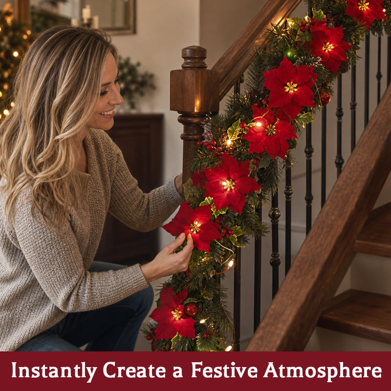 Battery-Powered Poinsettia LED Christmas Garland