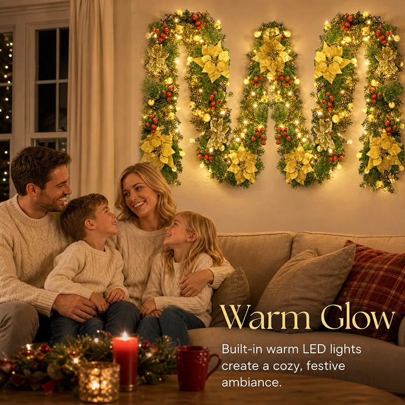 Artificial Christmas Pine Garland with Poinsettias for Doors & Mantels